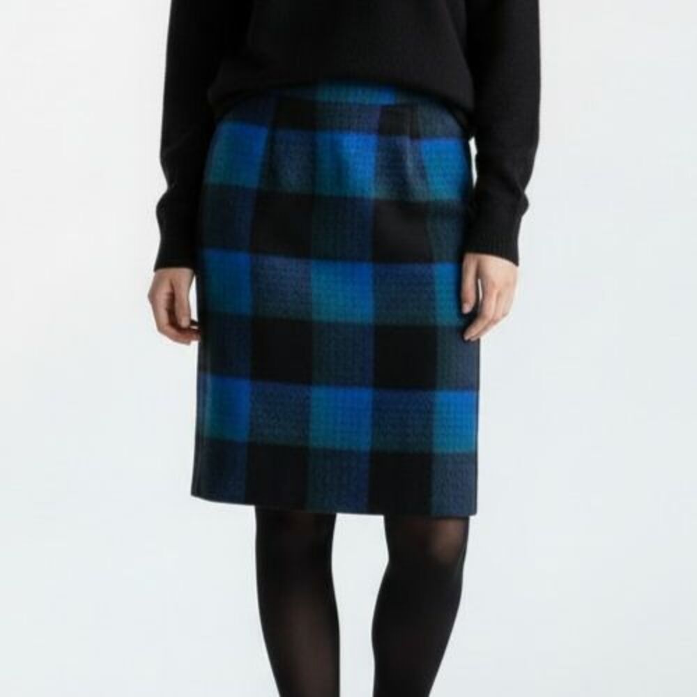 St Michael Cashmere Wool Plaid Pencil Skirt Women XS Blue Green Wiggle Vintage